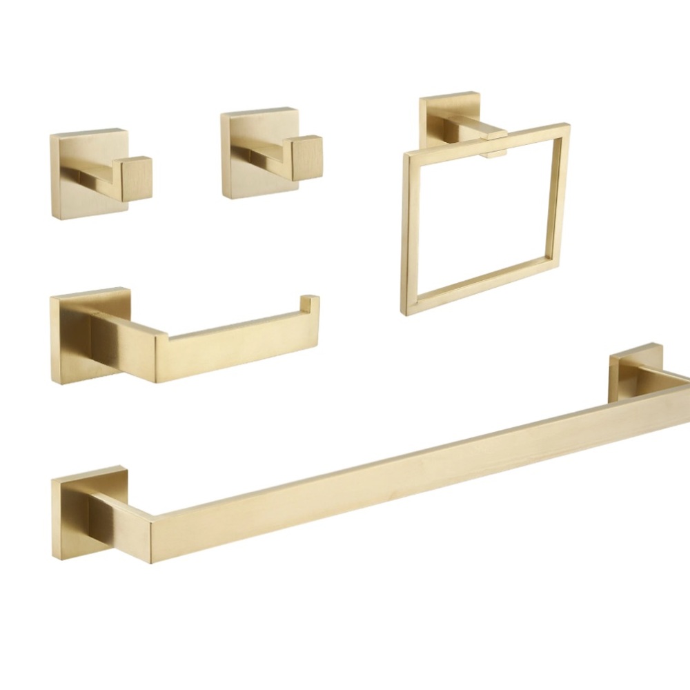 New 5 piece Elegant Aura Brushed Gold Bathroom Hardware Set